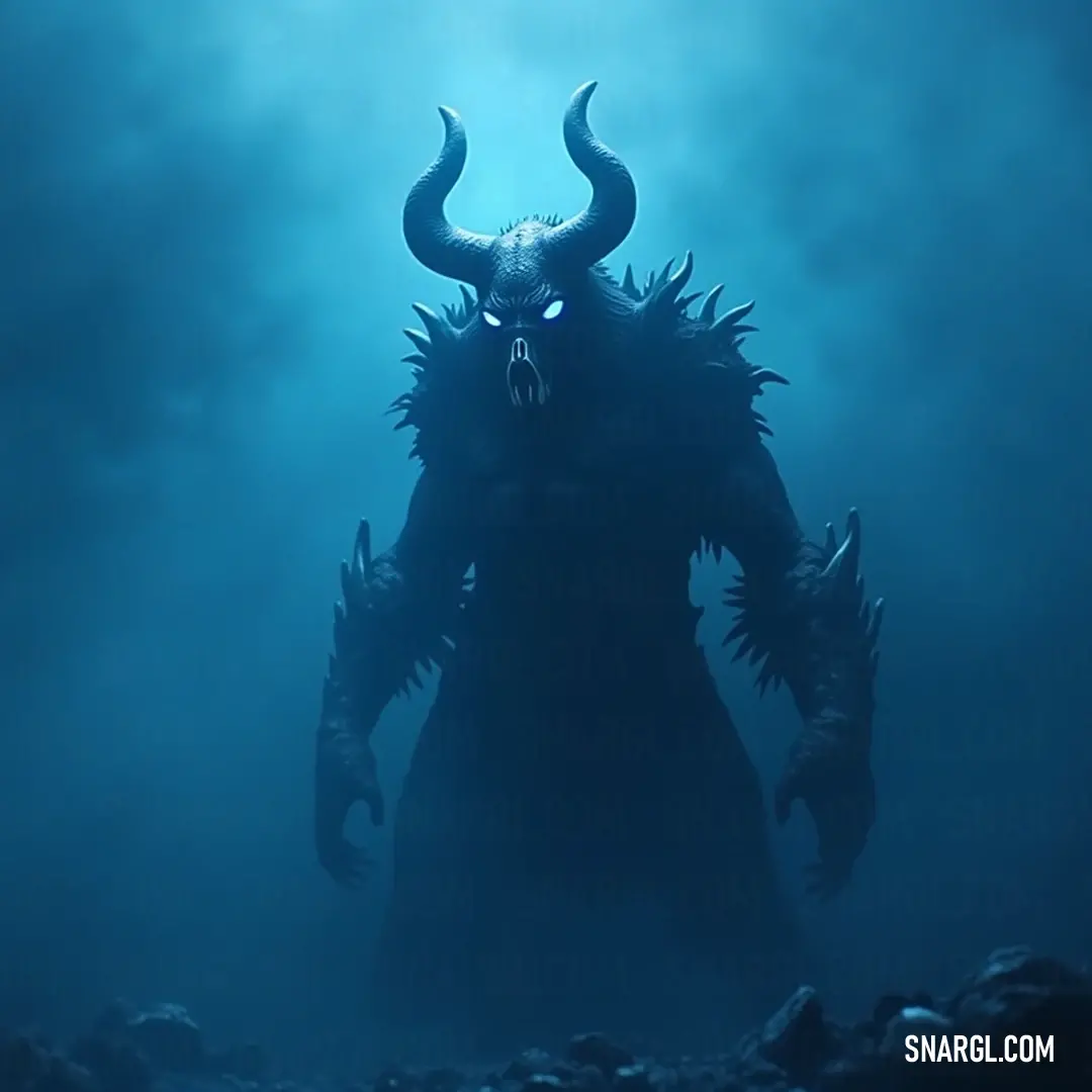 The ominous Lord of Hatred emerges from the thick, dark waters, surrounded by swirling fog, its menacing horns slicing through the mist as a ghostly light glimmers from behind it, creating an air of dread and power.