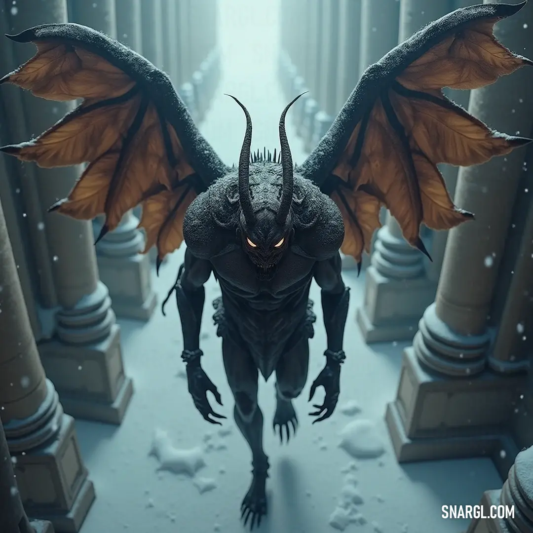 The Lord of Terror soaring through a grand hallway filled with ancient architectural wonders, wings spread wide, embodying dark majesty. A menacing figure known as The Lord of Terror soars through a grand hallway adorned with towering columns and ancient pillars, casting a shadow that evokes fear among the surroundings. His wings unfurled, he embodies the essence of darkness and dread.