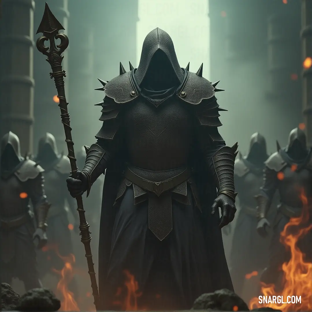 The Lost Soul in a hooded black suit, wielding a staff, surrounded by fire and other mysterious figures in dark robes. A dark figure known as the Lost Soul, draped in a black hooded cloak, holds a glowing staff. Flames swirl around them, while other cloaked figures stand in the fiery backdrop, their faces hidden in shadow.