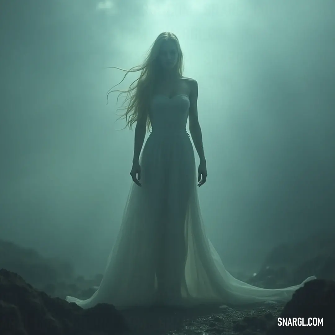 A bewitching figure in a white dress stands gracefully in the darkness, illuminated by a mystical light filtering through the fog, exuding an otherworldly presence. A mystical image of a maiden in a flowing white dress standing in the dark, her hair blowing gently with a soft light illuminating through the fog, creating an ethereal atmosphere.