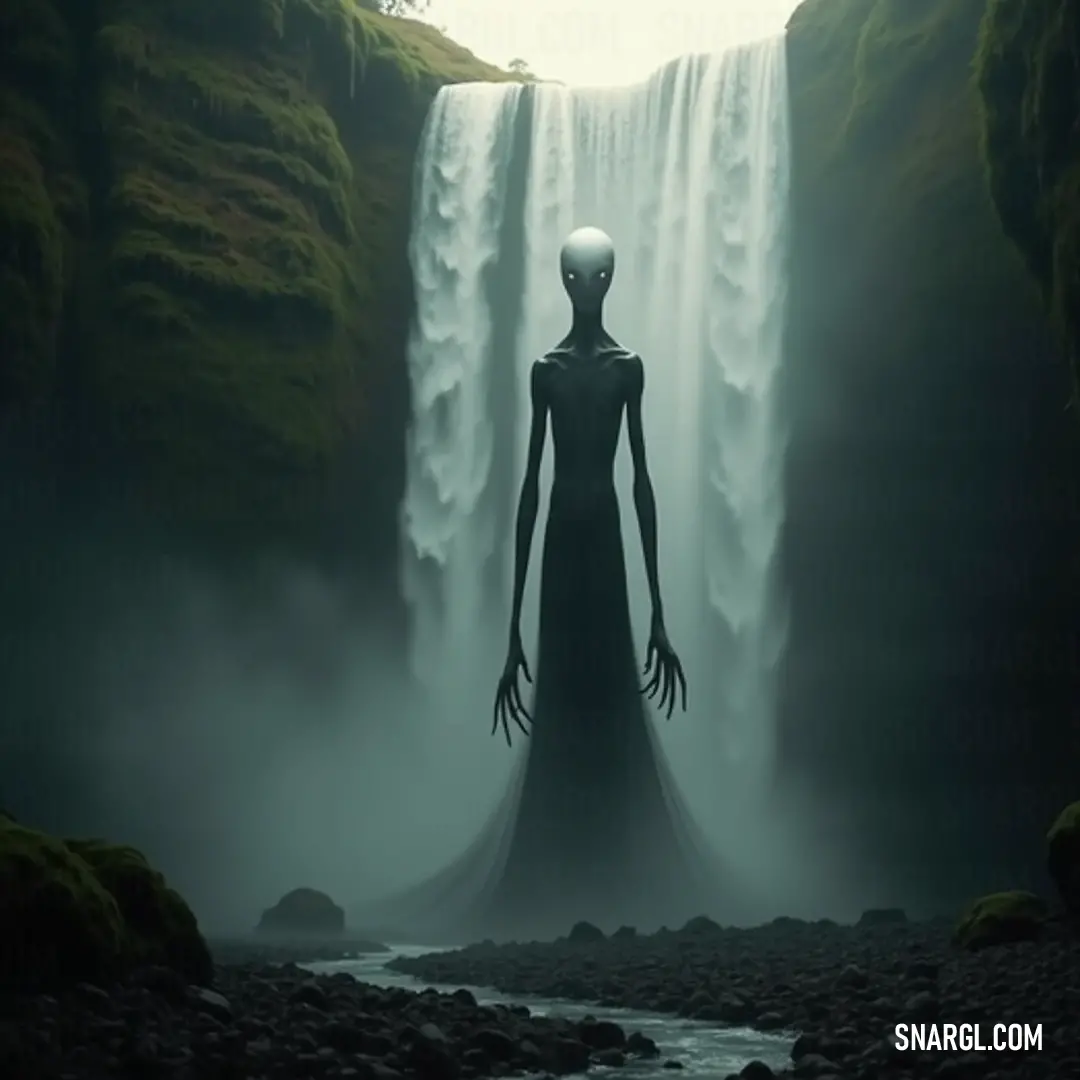 Before a stunning waterfall, The Lurking Shadow presents a striking tableau, holding an unsettling artifact that raises questions of identity, fear, and connection to the mystical world. The Lurking Shadow stands before a magnificent waterfall, gripping a giant head in her hands, merging natural beauty with a surreal, haunting presence that challenges viewers' perceptions of reality.