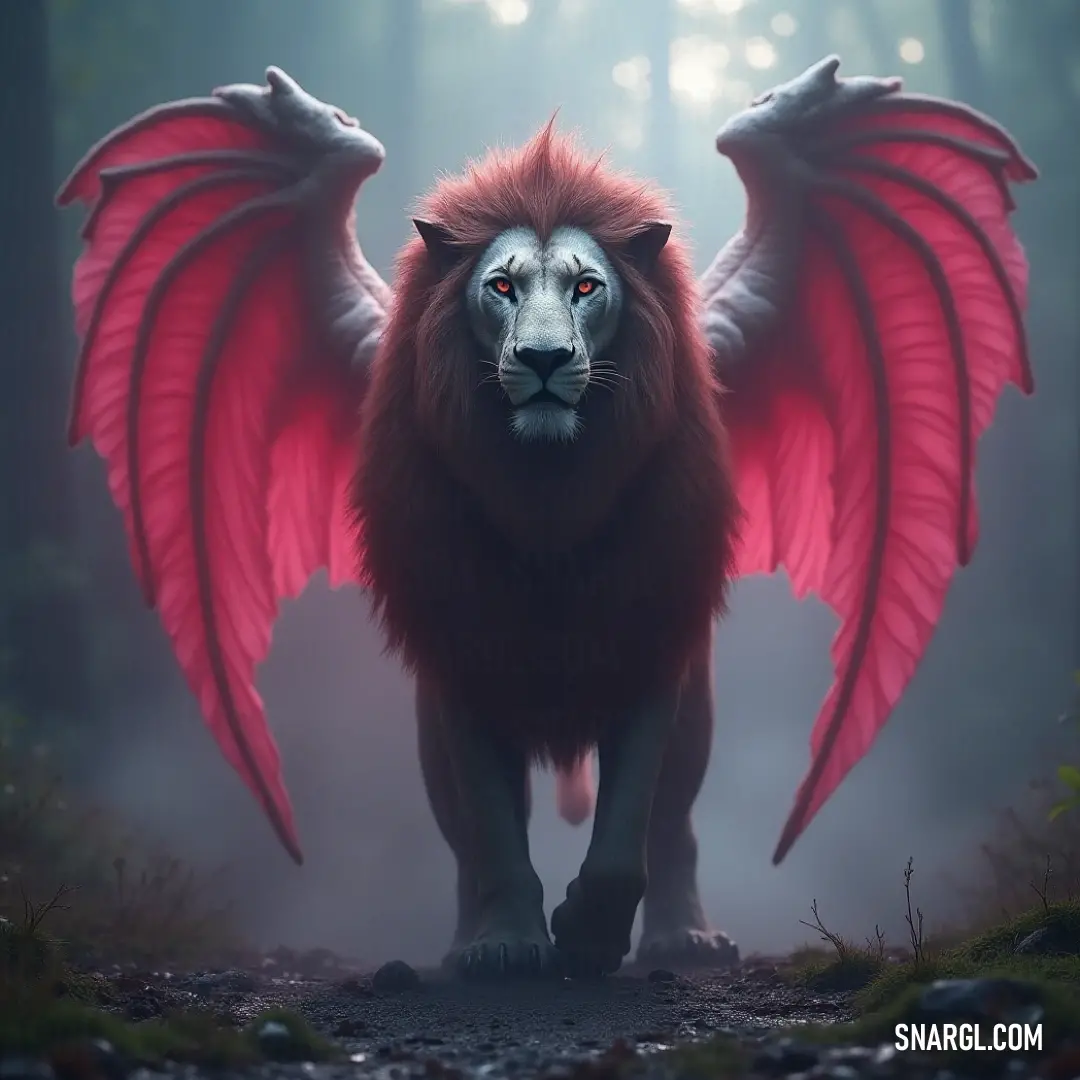 A magnificent Simurgh with vibrant red wings strides gracefully through a mystical forest, sunlight filtering through the trees and casting soft beams of light on its majestic body, enveloped in a delicate layer of fog.