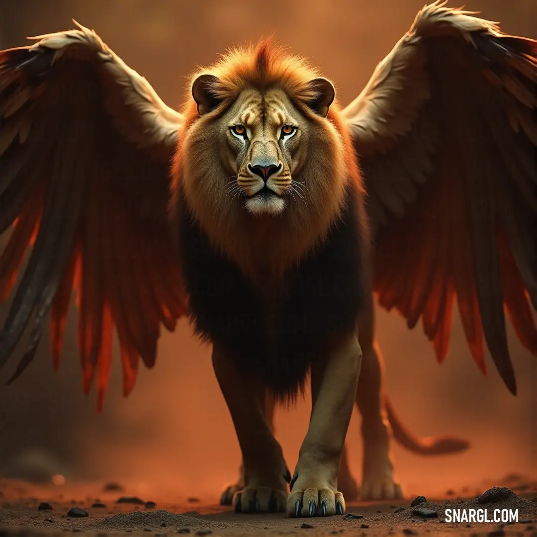 The Majestic Simurgh, wings wide and proud, stands on the earth, its fiery red backdrop casting an aura of power and majesty. The Majestic Simurgh, with its wings fully spread, stands on a rugged dirt ground, surrounded by a vibrant red sky that seems to ignite with energy, embodying both beauty and strength.