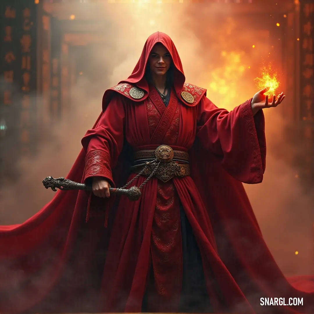 The Master in a red robe, wielding a glowing fireball. The Master, cloaked in a rich red robe, holds a swirling fireball, which glows with an otherworldly power. The intensity of the flame contrasts with her calm yet powerful demeanor.