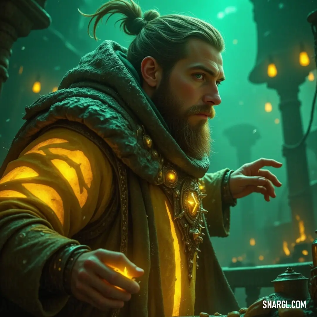 An aged sage in a beautifully patterned outfit of green and yellow stands before a table, inviting contemplation and intrigue with their aura of wisdom and ancient tales waiting to be shared. A wise figure with a flowing beard, clad in a vibrant ensemble of green and yellow, stands thoughtfully in front of a table, surrounded by rich textures and hues that evoke an aura of wisdom and ancient knowledge.