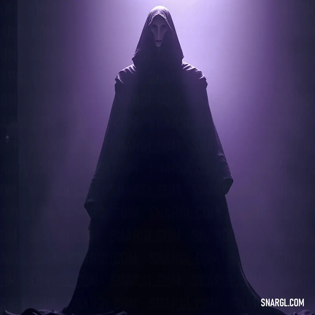 The enigmatic Dark Hooded Figure stands in the shadows, awash in mystical hues, merging the essence of night with an air of enigma. A Dark Hooded Figure looms quietly in a dim room, illuminated by a single beam of light that accentuates the mysterious purple backdrop, creating an atmosphere steeped in intrigue and quiet power.