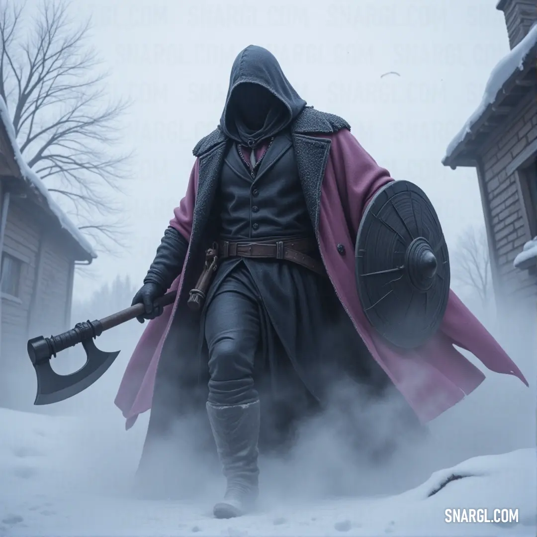 A shadowy figure, draped in a hooded coat and armed with an axe, stands amidst the snow, a solitary house appearing far off in the distance as the gloomy sky watches over. A mysterious figure cloaked in a hooded coat holds a large axe in the snow, with a solitary house standing in the distance. The cold, gray sky looms overhead, giving the scene an unsettling, ominous atmosphere.