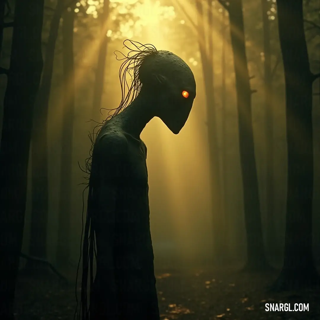 The Mysterious Stranger standing in a sunlit forest with glowing red eyes amidst the trees. The Mysterious Stranger looms in a sun-dappled forest, their glowing red eyes piercing the ambient light. Surrounded by shafts of sunlight slicing through the trees, they exude an eerie atmosphere, blending nature's beauty with an unsettling edge.