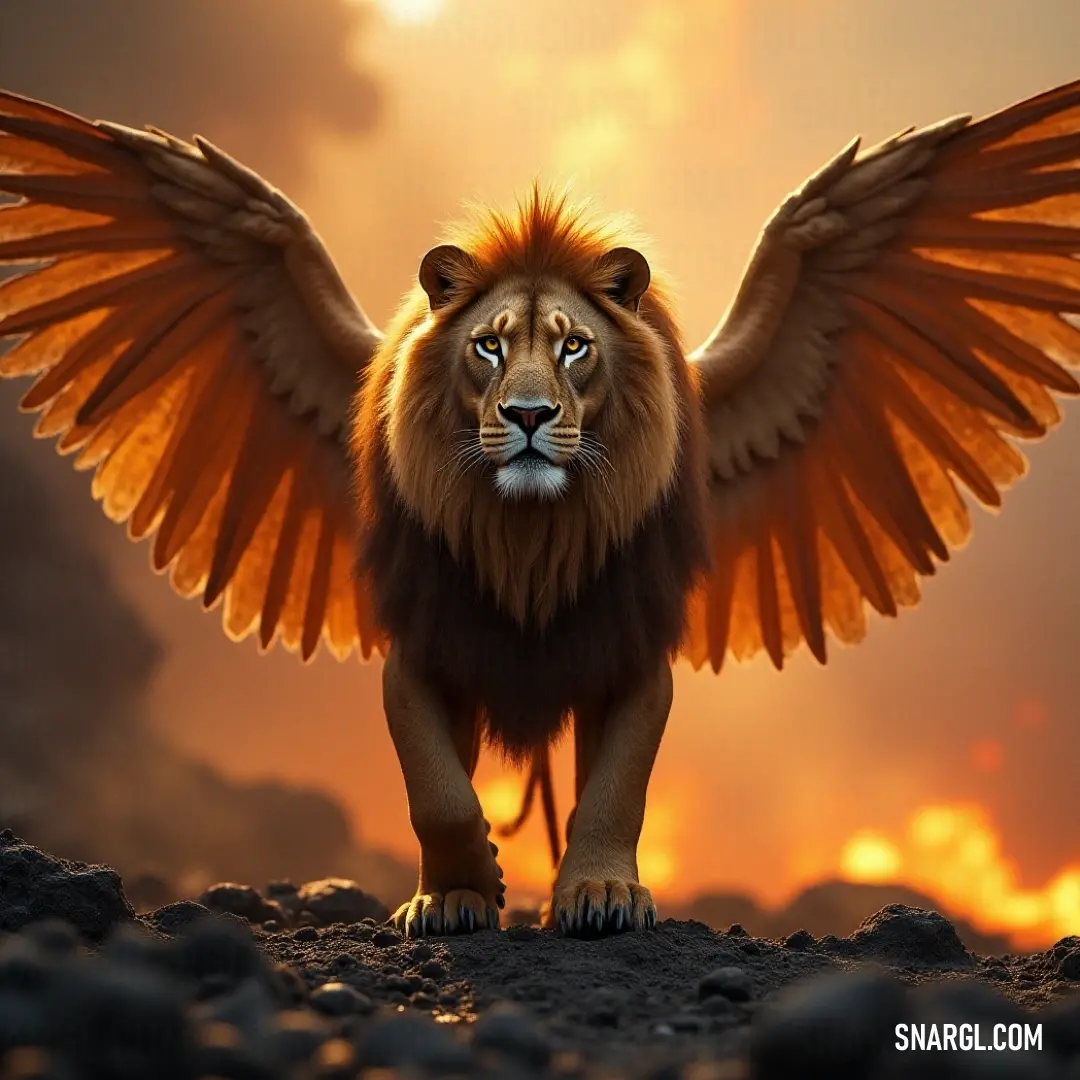 The Mystic Simurgh stands with wings spread wide on a rocky surface, bathed in the warm glow of a breathtaking sunset. The setting sun casts long shadows, and the soft light enhances the mystical aura surrounding the majestic creature.