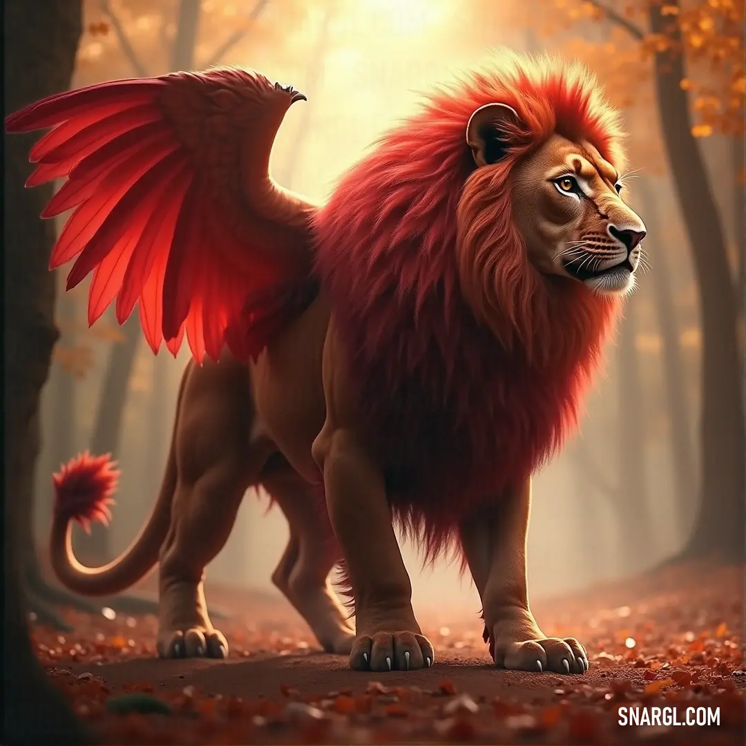A lion with vibrant red wings stands in a forest, surrounded by fallen leaves and towering trees, a majestic figure in the heart of nature. A lion with striking red wings stands amidst a forest, its powerful form surrounded by fallen leaves and tall trees, exuding an aura of majesty and quiet strength as the forest whispers around it.