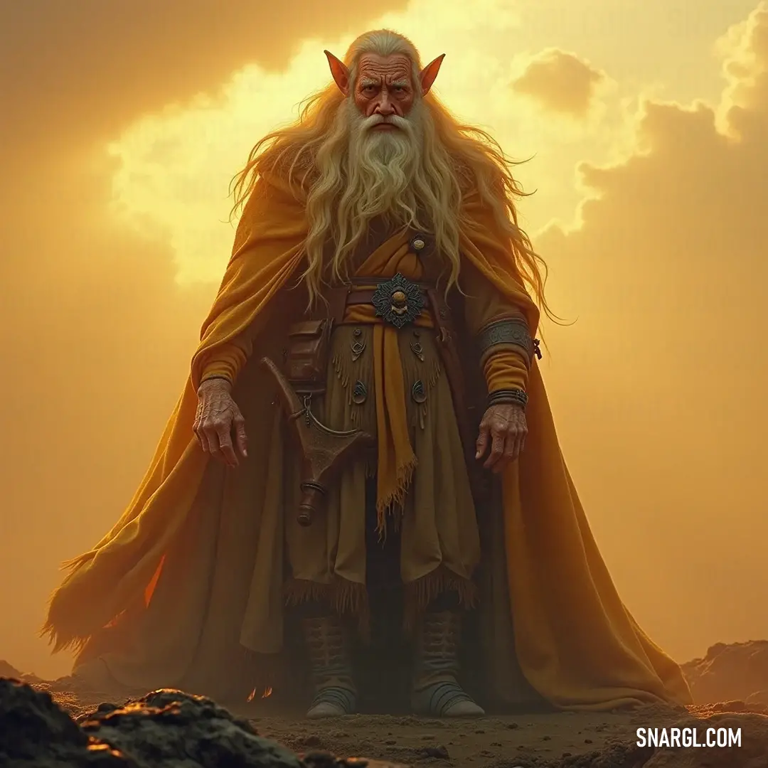 The towering figure of an ancient sage stands resolutely in the vast desert, his long beard dancing in the warm breeze beneath a breathtaking sky that stretches endlessly above.