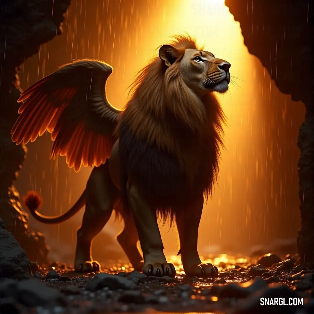 The Omniscient Simurgh, with wings spread wide, stands in a cave lit by a brilliant light from behind. Its majestic form casts a powerful shadow, blending with the surrounding darkness.