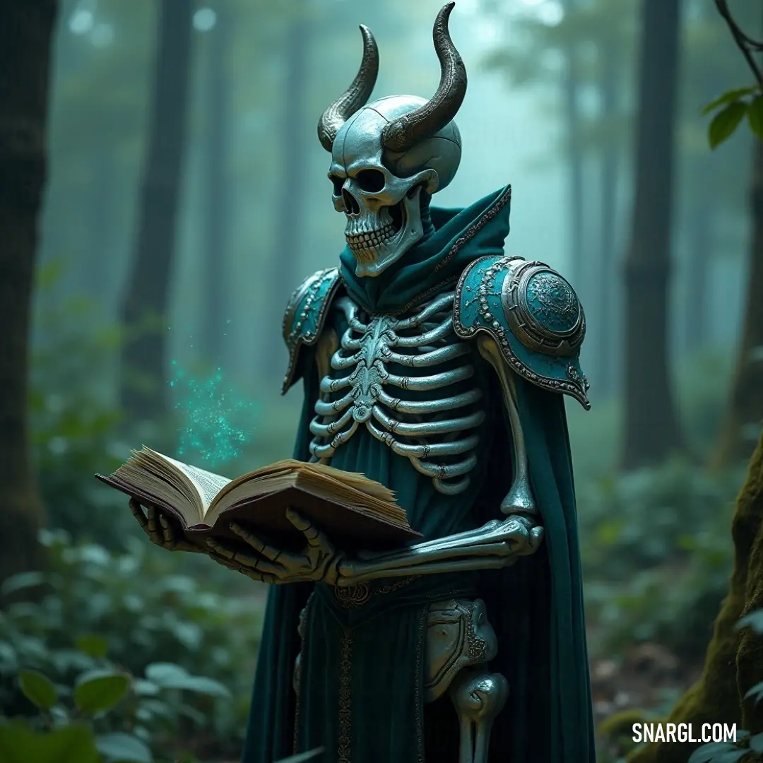 A figure clad in green, holding a book, surrounded by a dense, enchanting forest of towering trees and vibrant plants. A mystical figure draped in a deep green robe, holding an ancient book, stands amidst the shadows of a forest. Towering trees and thick foliage form a natural backdrop as the figure gazes intently, as though about to reveal the secrets within the book's p