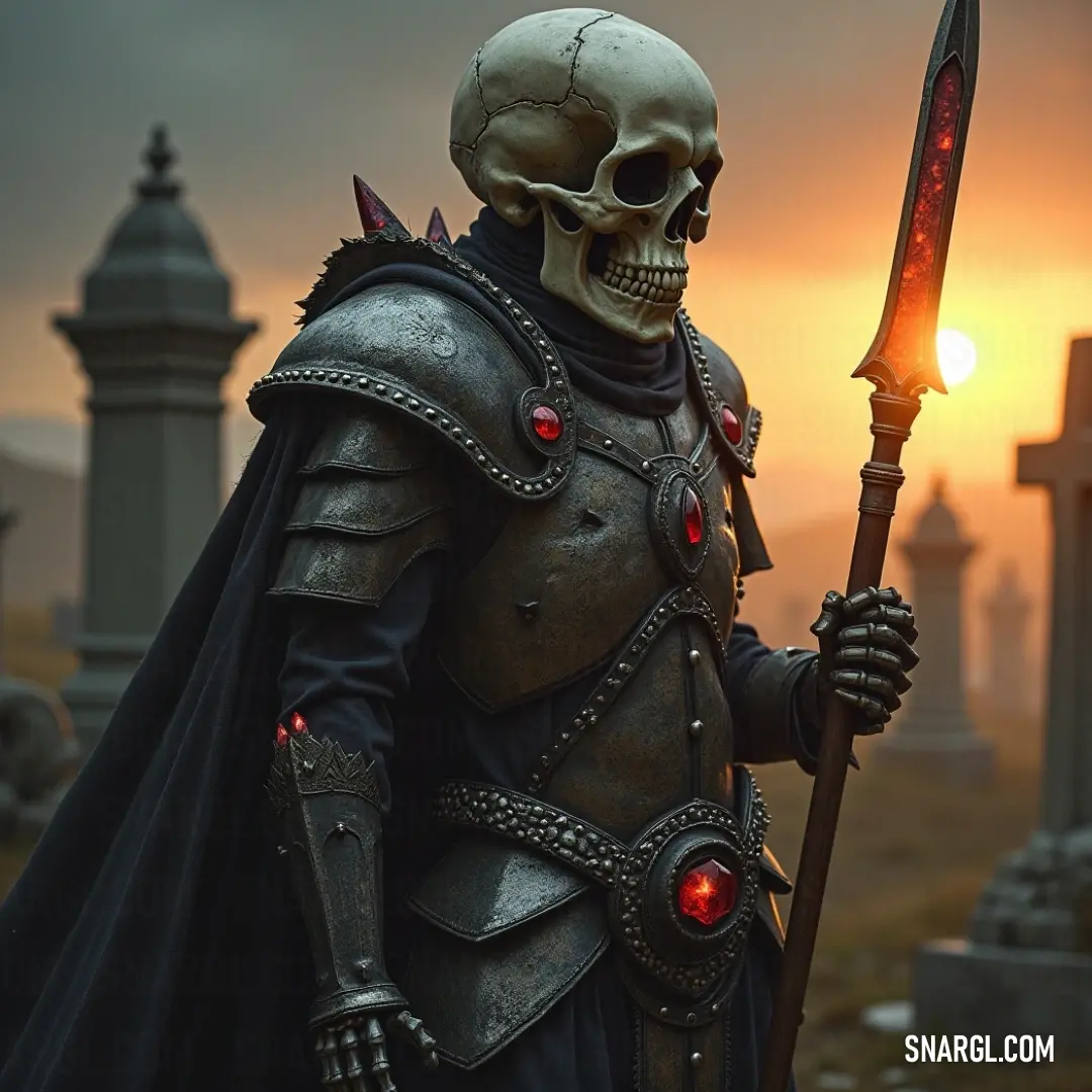 A fearless warrior in shining armor, holding a glowing skull in one hand, set against a backdrop of intense darkness. A fierce warrior adorned in gleaming armor, clutching a sword in one hand and a skull with glowing red eyes in the other. The intense contrast between the dark surroundings and the warrior's metallic armor speaks of strength, mystery, and battle.