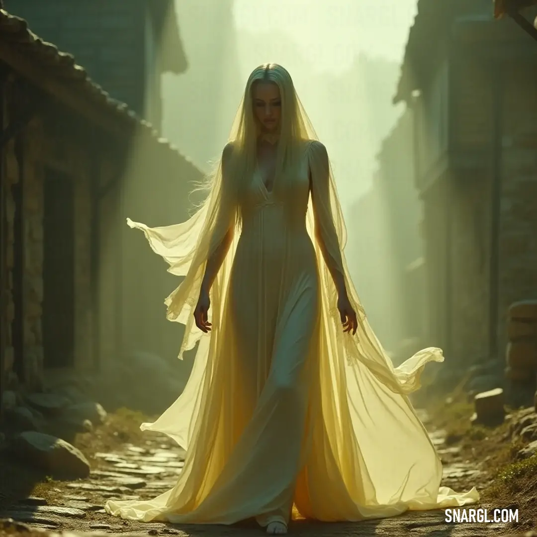 A figure in a flowing yellow gown meanders down a dimly lit street, her veil blending beautifully with the surrounding night, creating an enchanting aura of allure. Clad in a vibrant yellow dress, a woman walks gracefully down a quiet street, her long veil trailing behind her like wisps of fog, merging with the night air and creating an ethereal spectacle charged with mystique.