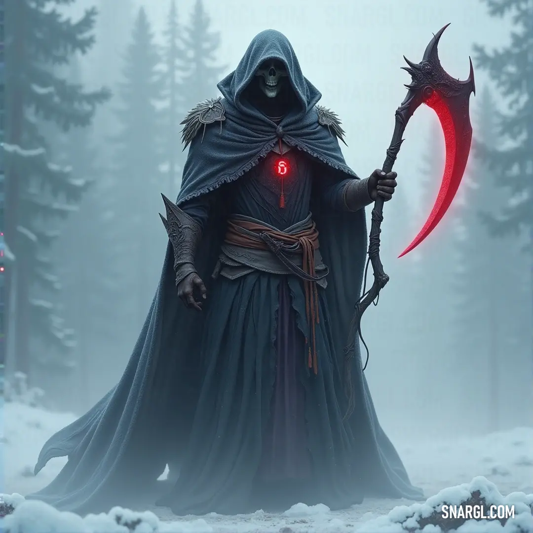 A phantom figure, draped in a hooded outfit, holds a glowing red sceptacle in a snowy forest. The trees stand tall and silent in the distance, their branches stark against the glowing red light emanating from the sceptacle.