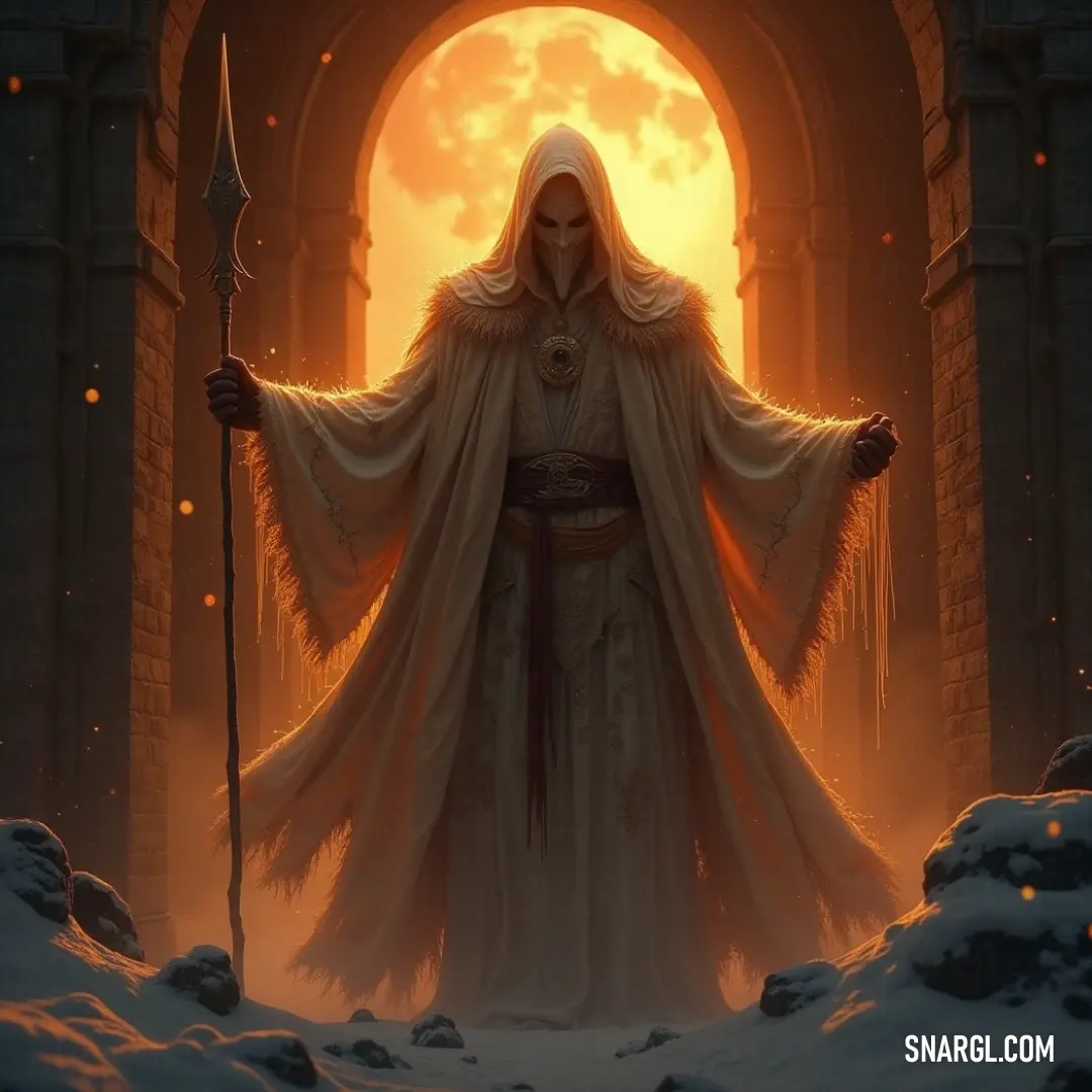 Majestic Phantom General in a white robe wielding a staff, standing before an enigmatic doorway, bathed in the glow of a dazzling full moon. The Phantom General, draped in a flowing white robe, firmly grasps a staff as he stands watch before an imposing doorway. The full moon casts a silvery glow, enhancing the mystique of his commanding presence against the darkened landscape filled with intr