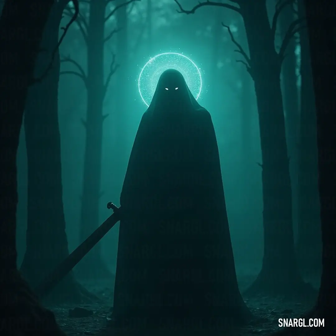 A noble knight in a flowing cloak stands vigilant, sword raised, their illuminated form battling the shadows of an ominous forest. A regal knight adorned in a sweeping hooded cloak brandishes a sword, their silhouette framed by a luminescent halo that illuminates the encroaching darkness of the forest.
