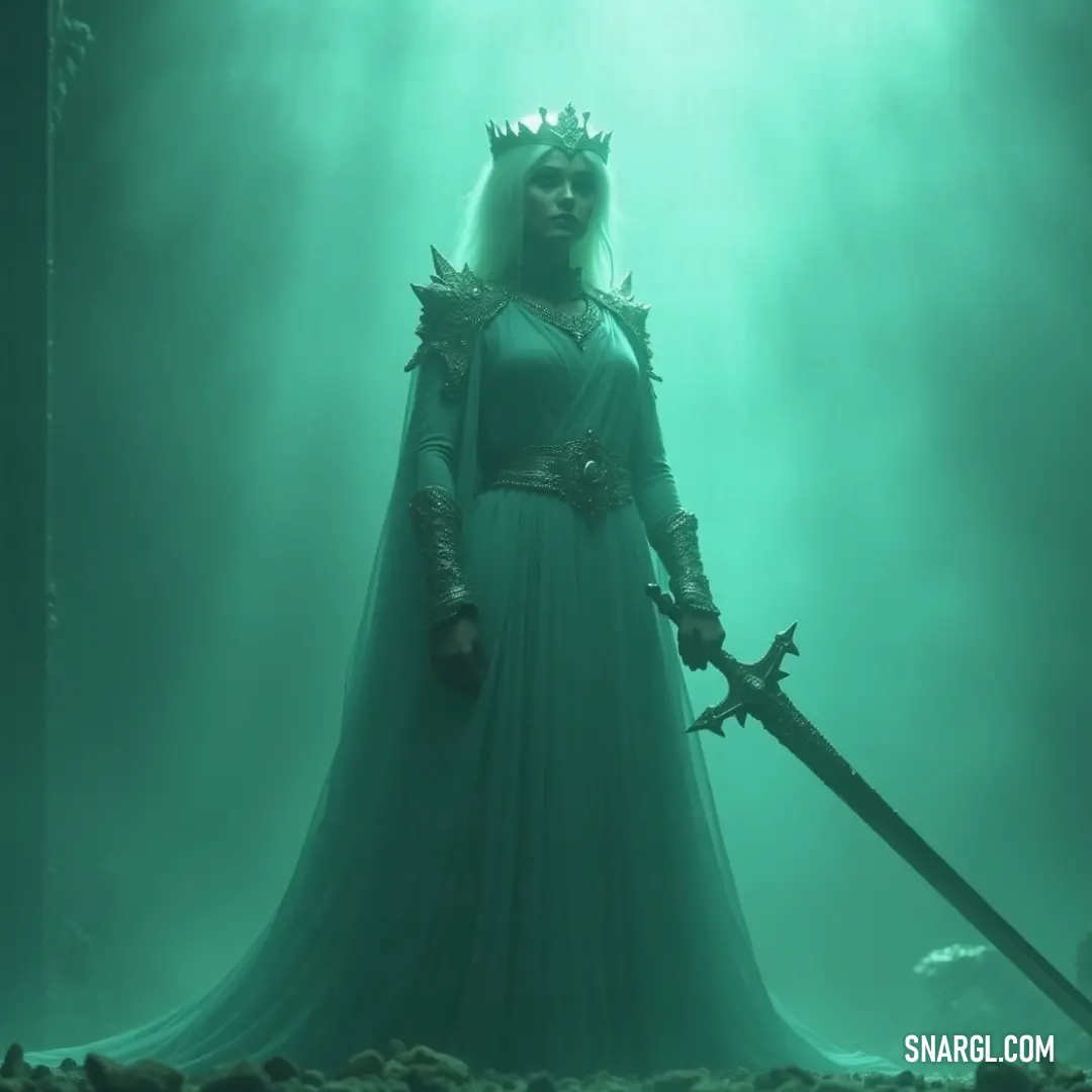 In a mystical glow, the phantom maid stands proudly with her sword aloft, draped in a magnificent green dress and crowned, a warrior spirit eternally guarding the passages of legend and illuminating the night with elegance and strength. Bathed in an otherworldly green light, the phantom maid in a splendid dress holds her sword high, her crown shimmering with spectral beauty, as she embodies the strength and grace of legendary spirits through time that protect their realm.