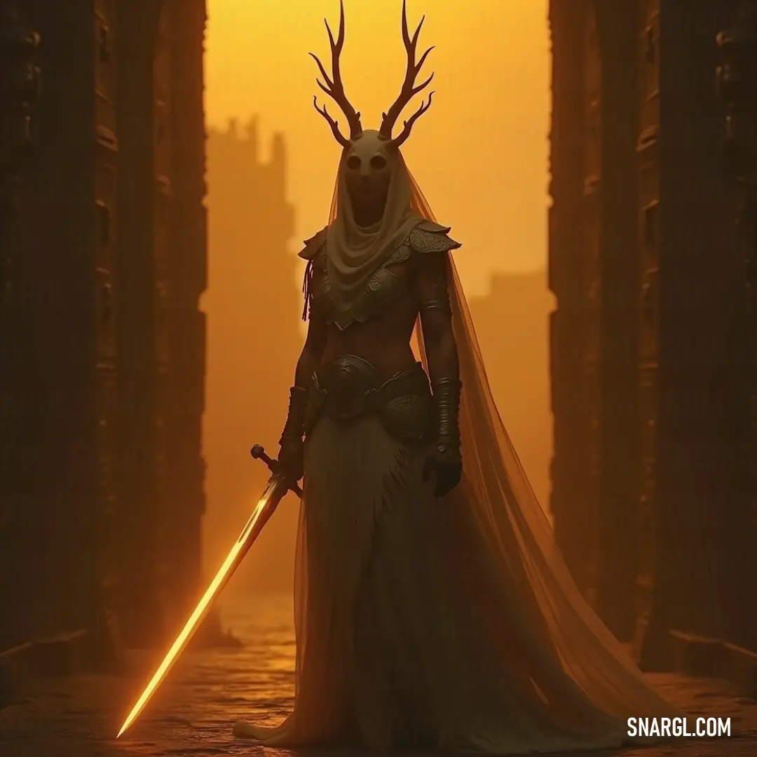 Graceful Phantom Traveler in a white dress with a sword and deer head, gliding through an ethereal landscape, a guardian of the wild. The Phantom Traveler floats gracefully through an enchanting landscape, clad in a flowing white dress, a sword held firmly in hand. A regal deer head rests upon her crown, symbolizing her profound connection to the wilderness where she traverses unobserve