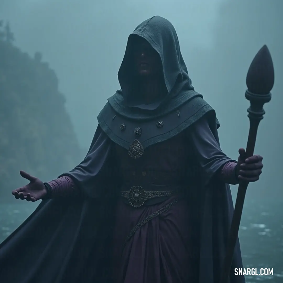 A menacing Poltergeist in hooded robes holds a fiery staff amidst a shrouded area, where swirling fog dances with flames, igniting mystery and terror. The Poltergeist, cloaked in dark robes, wields a fiery staff within a ghostly landscape, where the fog curls around him as he conjures flames, embodying the duality of fear and fascination in a haunting, ethereal realm.