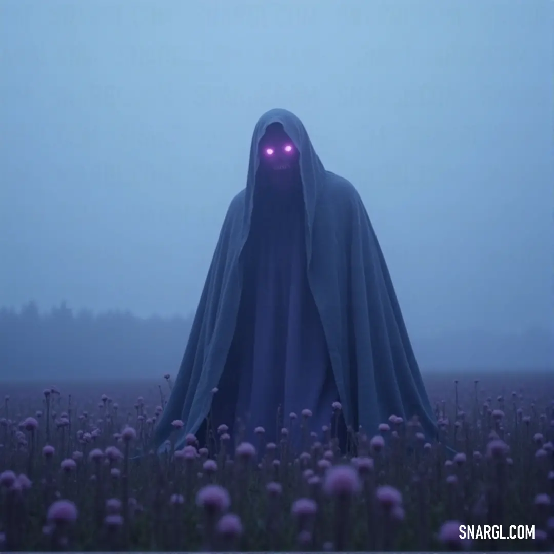 A hooded figure, with an eerie purple eye glowing from within the cloak, stands amidst the flowers, the fog-heavy night sky amplifying its ghostly presence. A cloaked figure with a glowing purple eye hovers in a field of flowers, the night sky heavy with fog. The figure’s mysterious presence is emphasized by the glowing eye, which pierces through the mist and darkness.