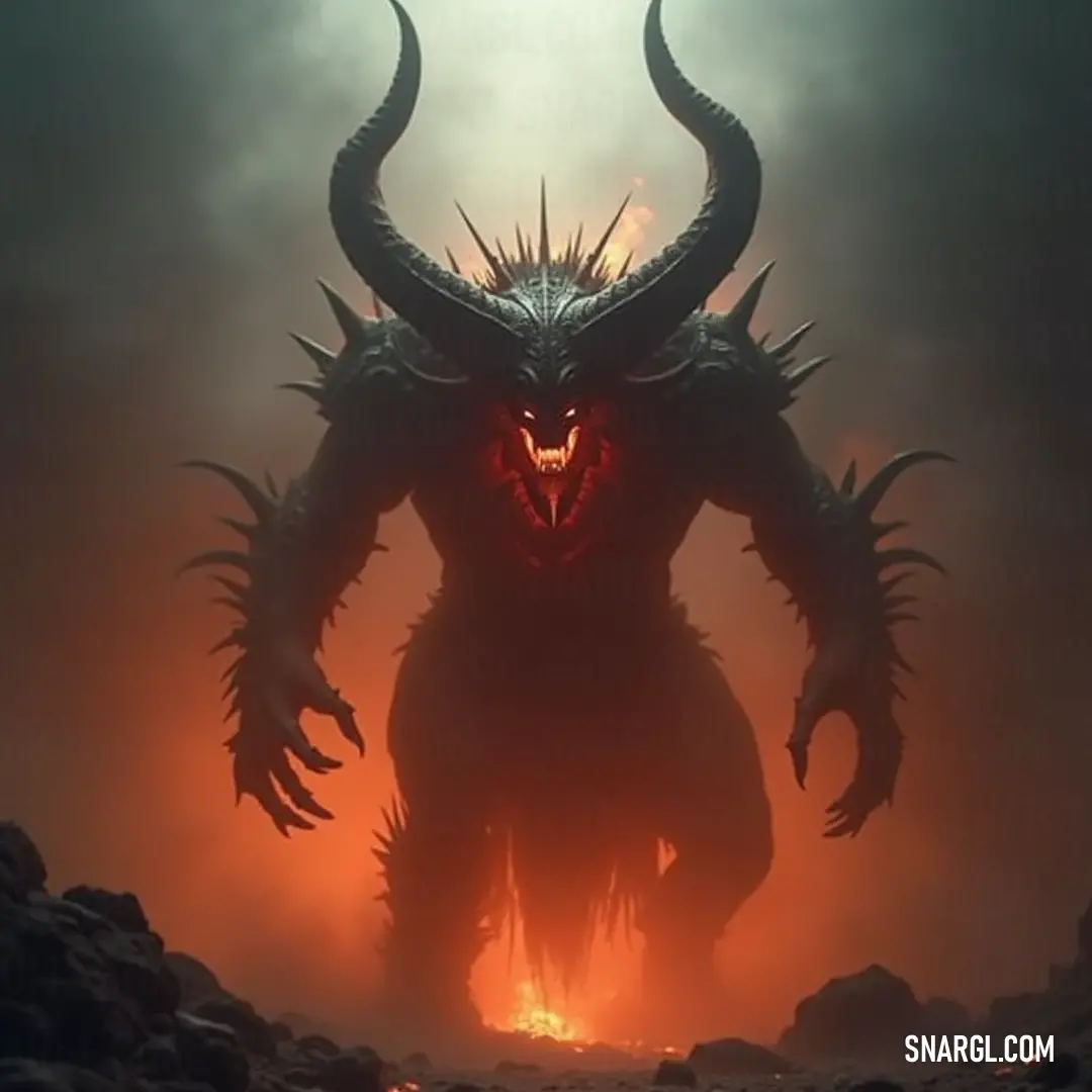 Demonic The Prime Evil commands the shadows, surrounded by fog and light within a mysterious cavern. Demonic The Prime Evil towers ominously in a dark cave, his massive horns casting dark silhouettes against a backdrop of swirling fog, with mysterious light piercing through, creating a scene shrouded in an otherworldly aura.