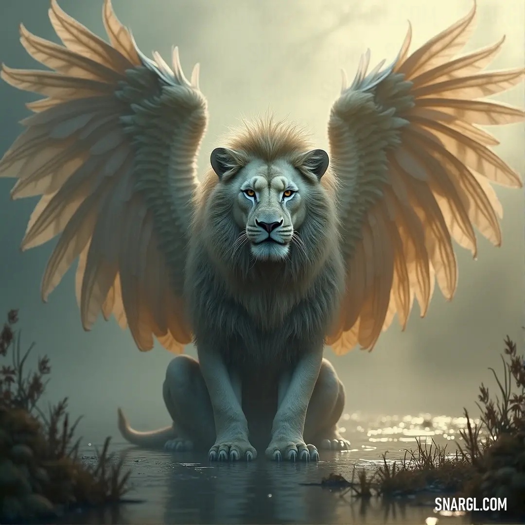 The Primeval Simurgh stands on the water's edge, its wide wings extending as it gazes into the vast sky above, embodying ancient power. The Primeval Simurgh, wings wide, stands on the water's edge, its presence monumental as the sky stretches endlessly above. The water ripples gently around it, while the creature’s majestic form creates a sense of timeless awe.