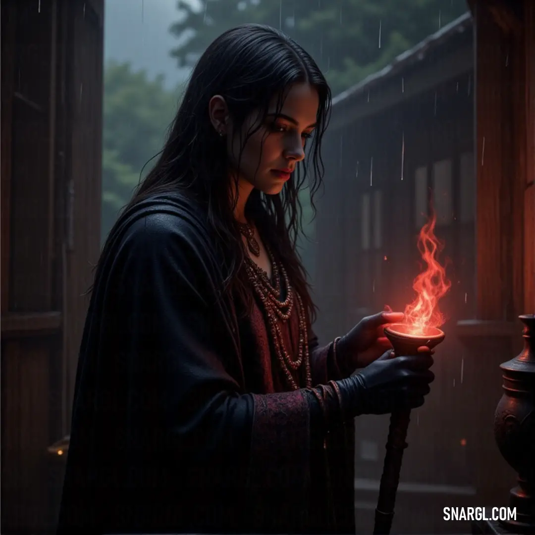 The Raven Queen, holding a glowing candle, stands amidst the rain at night, her flickering flame casting eerie shadows against a dark, stormy backdrop. Under the dark skies of a rainy night, the Raven Queen holds a lit candle. The rain falls in torrents around her, the flickering flame a symbol of resilience in the face of the storm, as shadows swirl ominously.