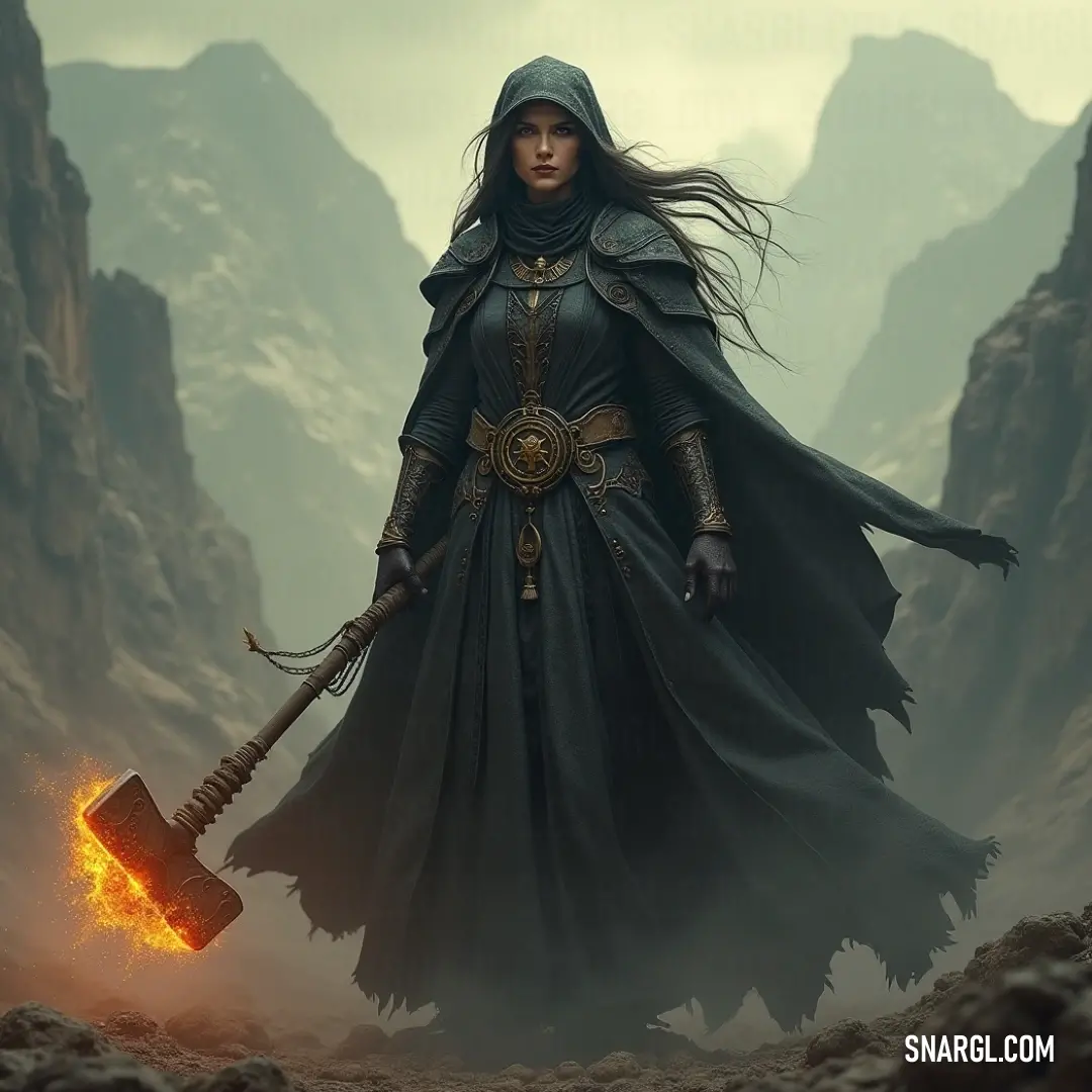 The Raven Queen, draped in a magnificent long dress, wields a hefty hammer amid majestic mountains while flames dance around her. This scene captures a moment of strength, majesty, and awe, reminding us of the power of nature's contrasts.