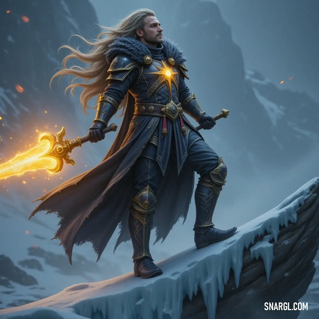 A majestic figure of the Raven Queen clad in shimmering armor, gripping a sword with one hand while her other hand radiates a mystical glow, illuminating the dark surroundings with an ethereal yellow light.