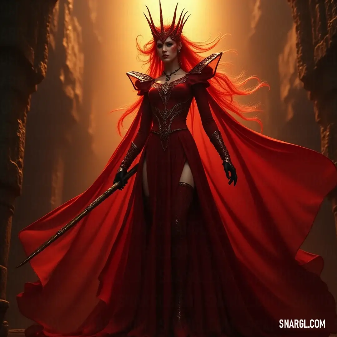 A regal figure robed in a flowing red dress wields a gleaming sword, crowned by a vibrant red cape that flows behind her, standing proud amidst the verdant backdrop of a forest, exuding an air of authority.