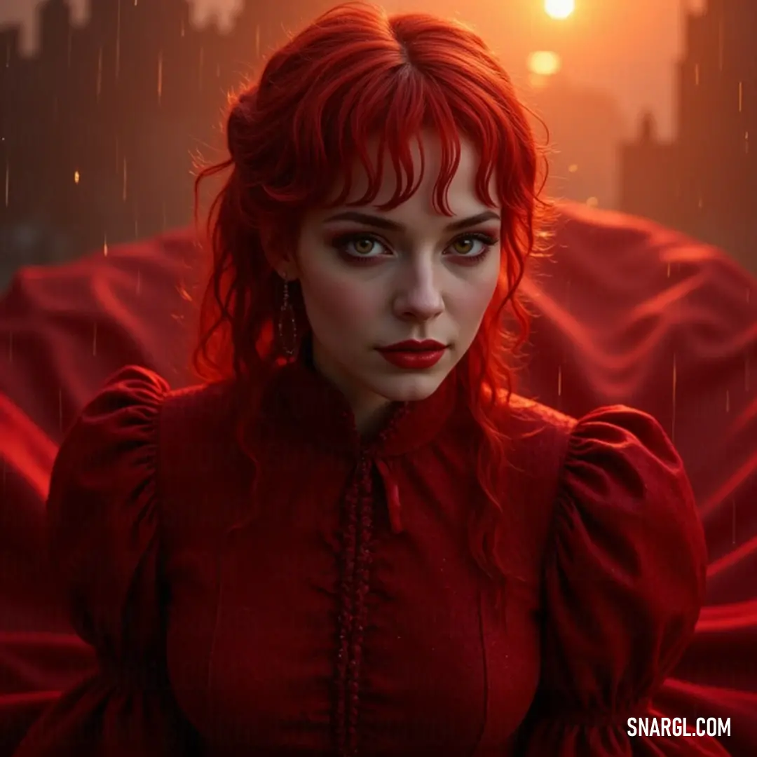 The enchanting Red Queen, with vibrant red hair and a flowing red gown, stands boldly in the rain, arms spread wide, evoking a sense of power and grace amidst the storm. A dramatic scene unfolds as the Red Queen, with flowing red hair and a striking red dress, stands resolutely in the pouring rain, her arms elegantly outstretched, embodying a sense of defiance against the gloomy backdrop.
