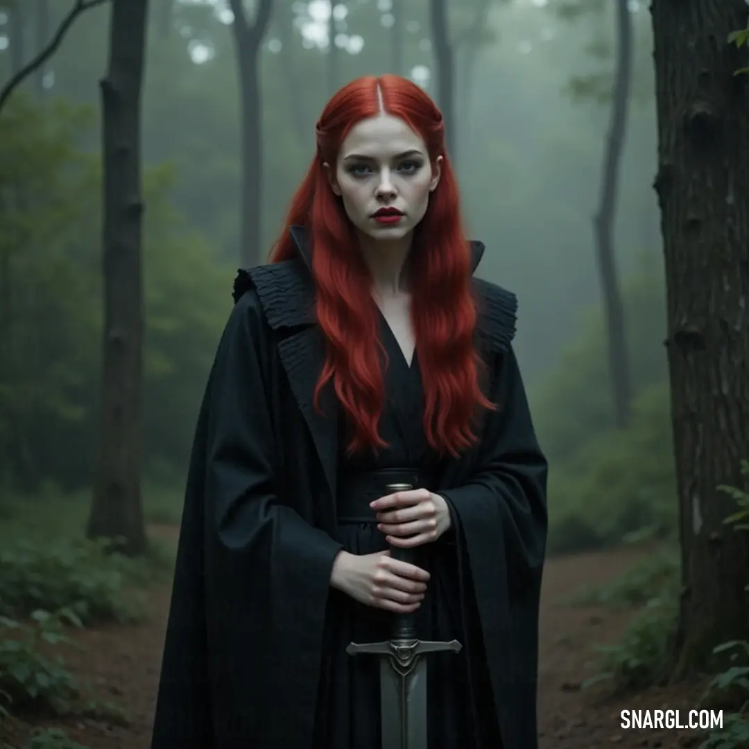 The Red Queen stands with confidence in a black cape, holding a sword in a vivid forest, emanating power and intrigue. The Red Queen, with striking red hair and a black cape, stands assertively in a captivating forest, sword in hand, her gaze directed at the viewer, evoking a sense of intrigue and power within this enchanting realm of towering trees.