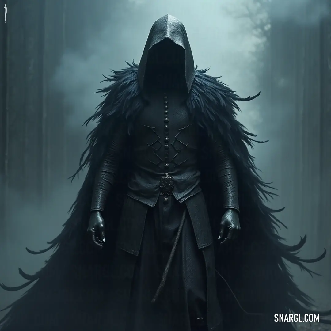 The Restless Spirit, dressed in a dark hooded cloak with black feathers, stands in an ethereal haze, evoking mystery and otherworldly power. A spectral figure, The Restless Spirit, stands cloaked in darkness, with a black hood and feathered cape. His haunting presence is enhanced by the eerie atmosphere surrounding him.