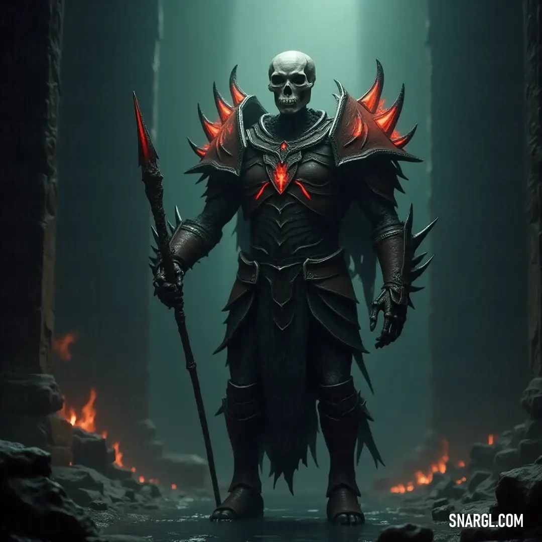 The sinister Risen with a skull atop his head looms in a cave engulfed by flames, commanding an atmosphere of dread and awe as shadows dance around him. A terrifying visage of The Risen, clad in dark armor with a skull adorning his helm, emerges from a smoky cave, surrounded by flames that flicker ominously in the shadows.
