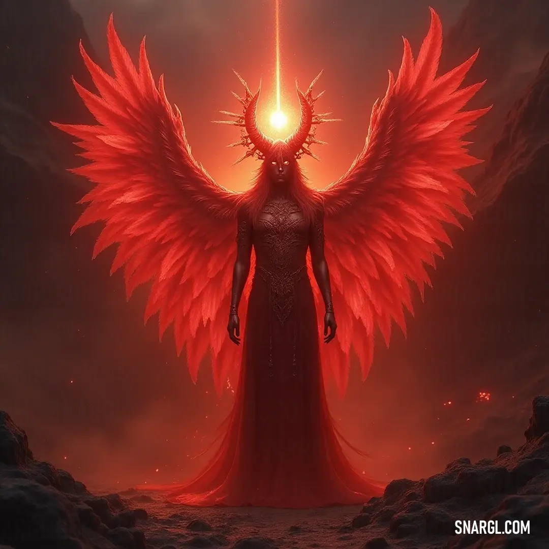 Red angel illuminating a dark cave with divine light and fiery wings. A striking red angel emerges from a shadowy cave, exuding divine light that filters through its fiery wings, creating an ethereal halo that dances around, blessing the darkness with warmth and strength.