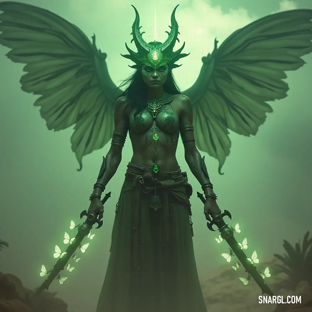 An awe-inspiring figure with majestic wings and a gleaming sword stands defiantly, her green dress flowing around her, exuding a captivating blend of courage and elegance, set against a backdrop that stirs the imagination. A powerful figure with stunning wings clutches a sword in one hand and stands resolutely in a lush green dress, embodying strength and valor against a backdrop of mystery and intrigue, showcasing the balance of grace and battle readiness.