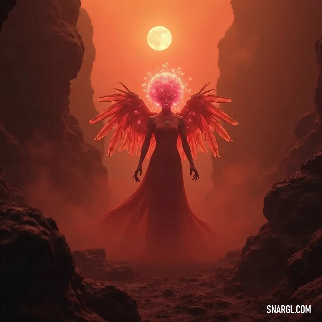 This enchanting figure, adorned with magnificent wings, stands serenely within a cave, the full moon casting a soft, silvery light that bathes the environment, imbuing the scene with an ethereal and serene beauty. A majestic being with large wings stands proudly in a mystical cave, illuminated by the glow of a full moon. The silver light dances off the cavern walls, creating an otherworldly atmosphere that fills the surroundings with a serene, enchanting glow.