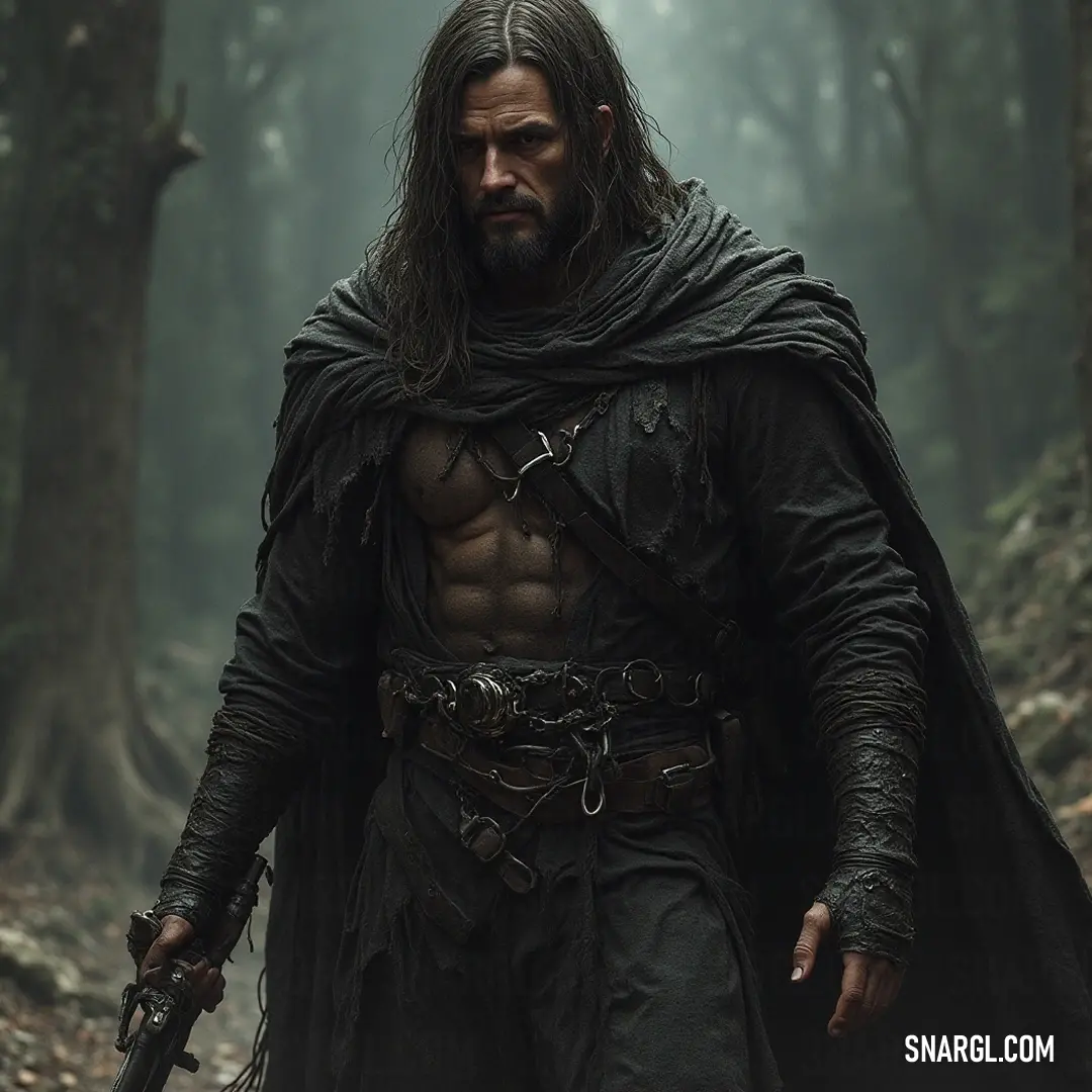 Clothed in black, a figure stands with a sword, surrounded by the enchanting beauty of a forest illuminated by ethereal rays of light filtering through the lush trees. A shadowy figure in a black outfit wields a sword surrounded by the majestic trees of an enchanted forest, where light streams through the canopy, creating a magical interplay of shadows and sunlight.