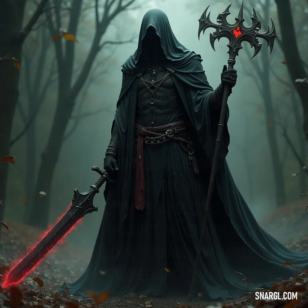 The Scythe Bearer navigating a forest, clutching a sword, embodying the watchful protector of uncharted realms. The Scythe Bearer walks through a foggy forest, leaves carpeting the ground, holding a sword with determination. This serene yet ominous setting captures the essence of a guardian poised between worlds, ready to strike when needed.