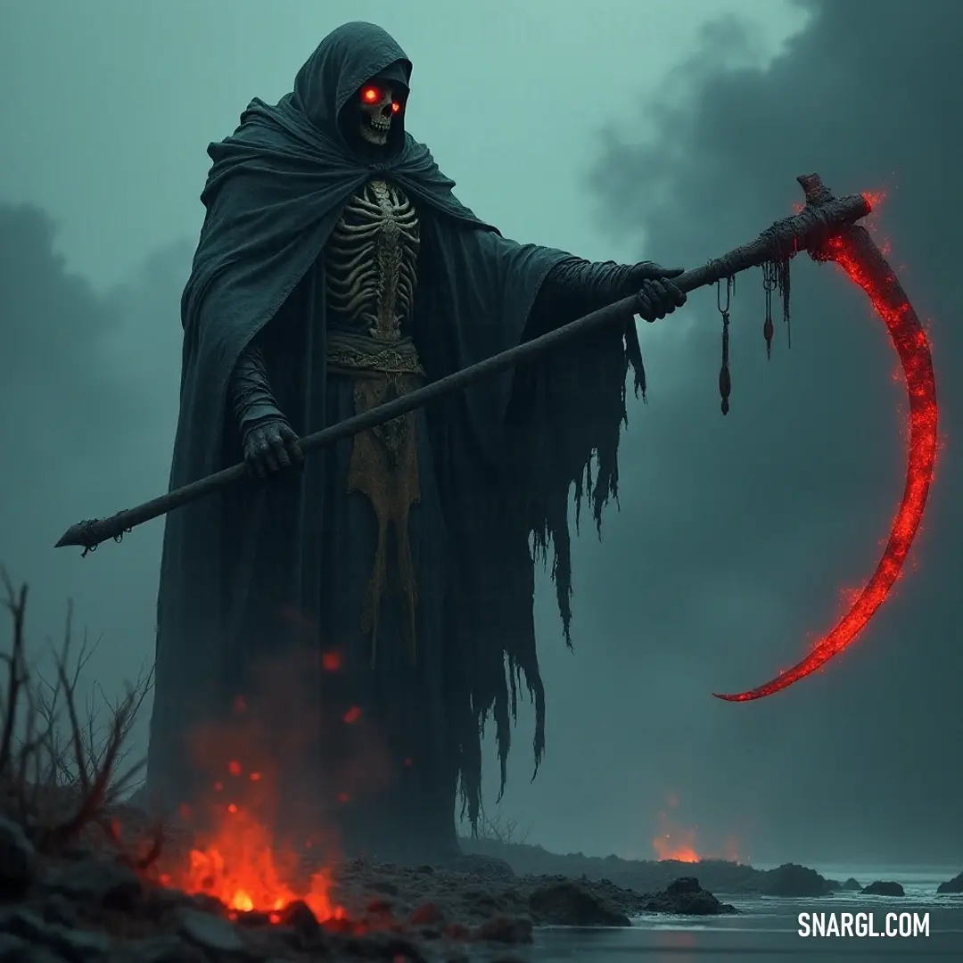 A mysterious figure known as the Scythe Bearer stands resolutely before a crackling fire, wielding a sculler in one hand. Shadows dance around him, lending an air of enigma to his presence as the flames flicker against the dark surrounding.