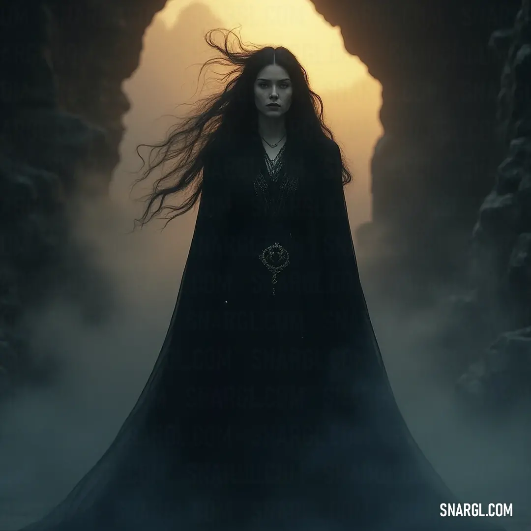 The Seer of Rhûn, in an ethereal black dress, stands gracefully in a dim cave, long hair flowing like a river, illuminated by a radiant sun that breaks through, offering a moment of serenity amidst the shadows.