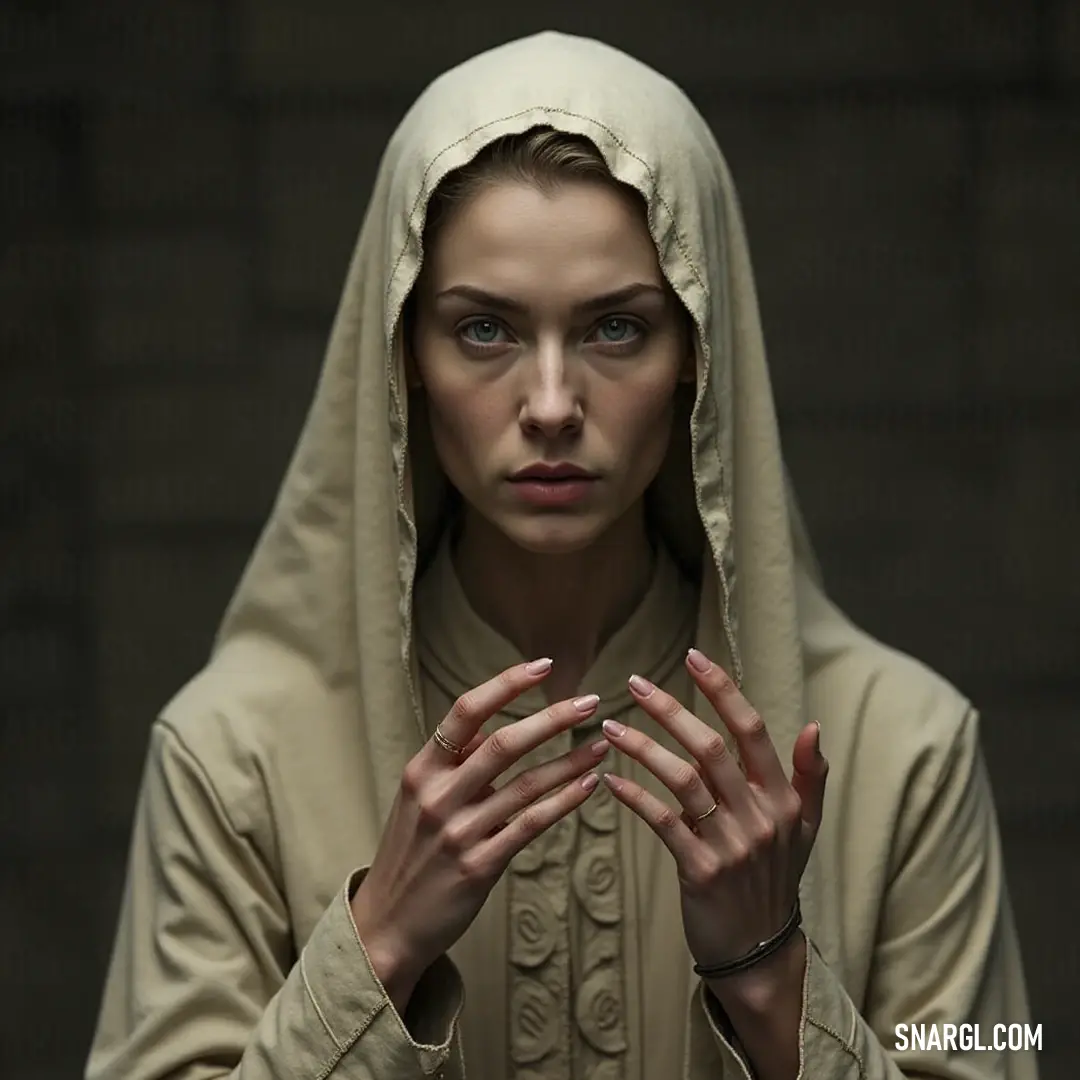 Bathed in tranquility, a figure in a nun outfit gazes thoughtfully at the camera, her hands poised in contemplation, inviting reflection and reverence in a peaceful setting. A woman dressed in a nun's habit stands with her hands clasped in front of her face, gazing directly at the viewer with a contemplative expression, resonating with an air of devotion in a serene environment.