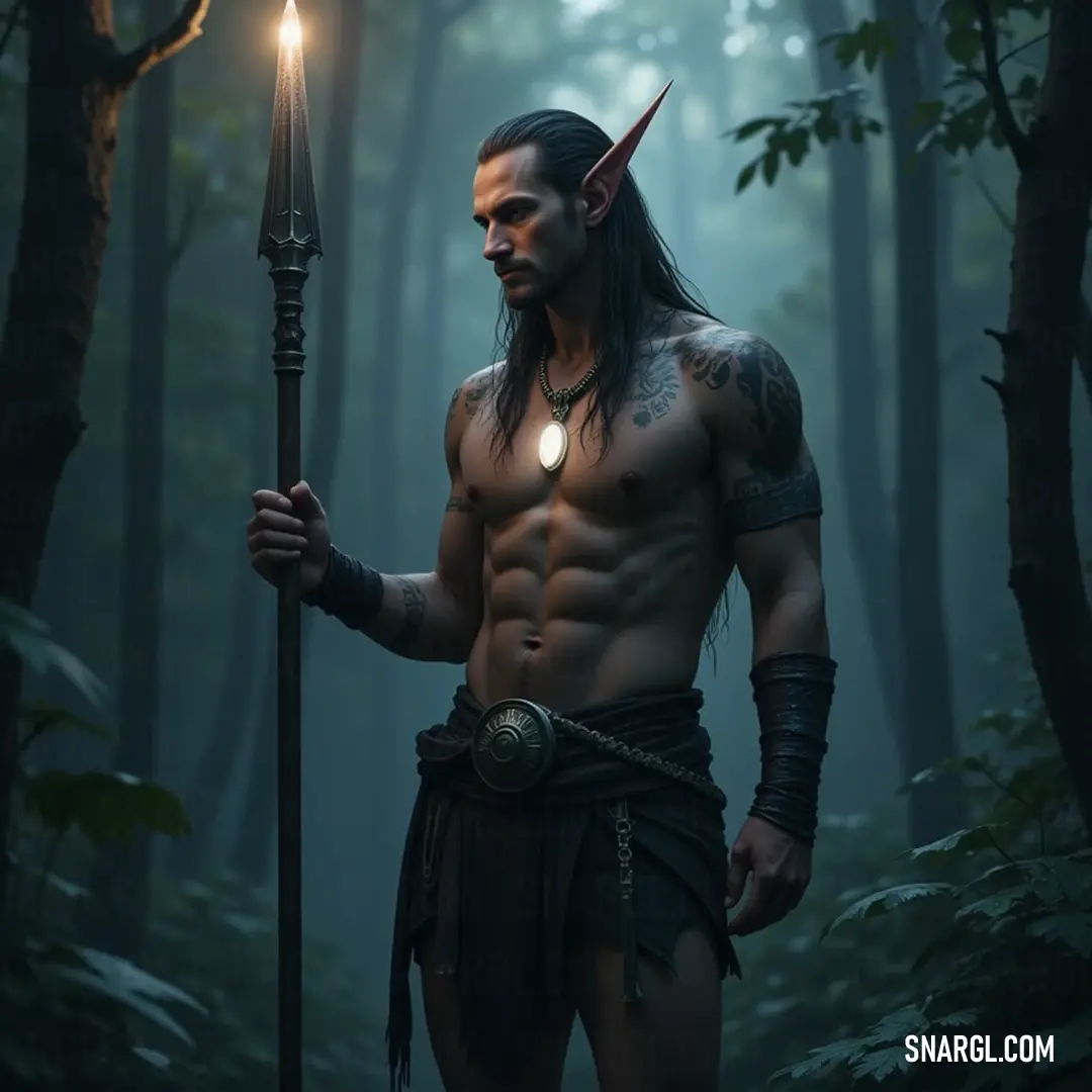 Adorned with a horned headdress, a figure holds a steady light against the backdrop of a forest, casting vivid shadows among the trees and evoking a sense of magic and mystery.