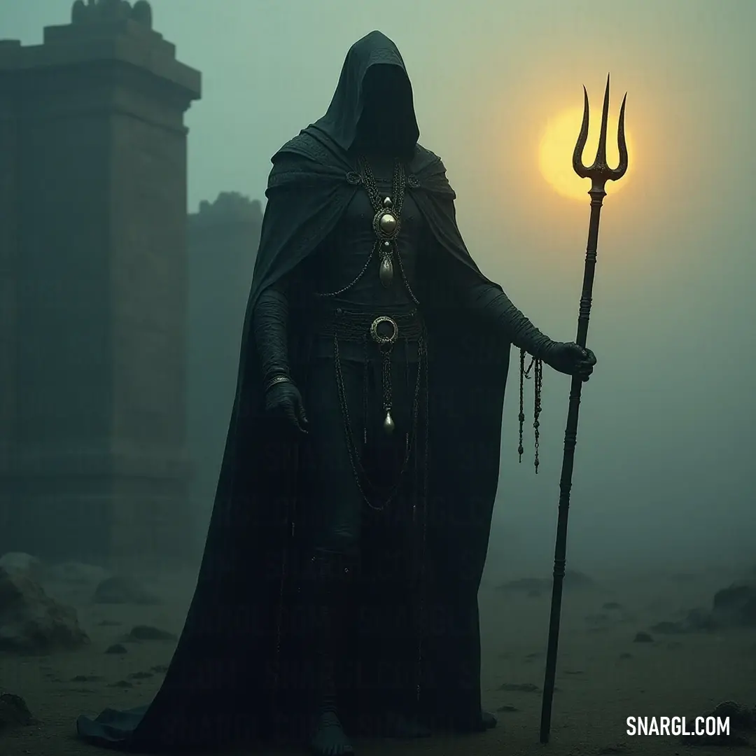 The Seer with a glowing staff, lost in fog with a towering structure, exuding an aura of mystery. Shrouded in fog, The Seer in a dark hooded cloak holds a glowing staff along with a light bulb, the towering structure behind him casts long shadows, offering a glimpse into a world veiled in mystery and untold stories.