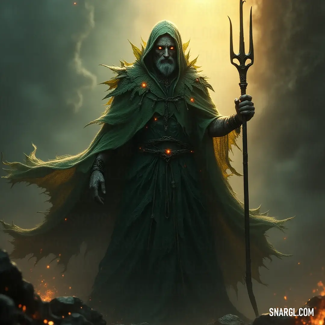 The Seer in a green robe, radiating wisdom and magic in a mystical rocky field. Standing amidst a rocky landscape, The Seer, clad in a flowing green robe, holds a staff adorned with ancient symbols, while a radiant halo glows around his head, signifying wisdom and ethereal power in this serene wilderness.