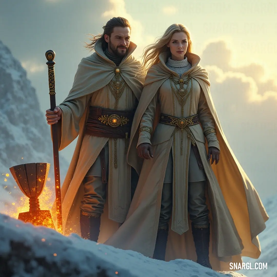 As snowflakes dance around them, a man and the Shade of King Hamlet wield a fiery staff, entwining their destinies in a scene of historic grandeur and spectral courage against a wintery backdrop. In a snowy landscape, a man stands alongside the Shade of King Hamlet, gripping a staff and fire, their figures bathed in a surreal light, conjuring visions of valor and ancient legacies.