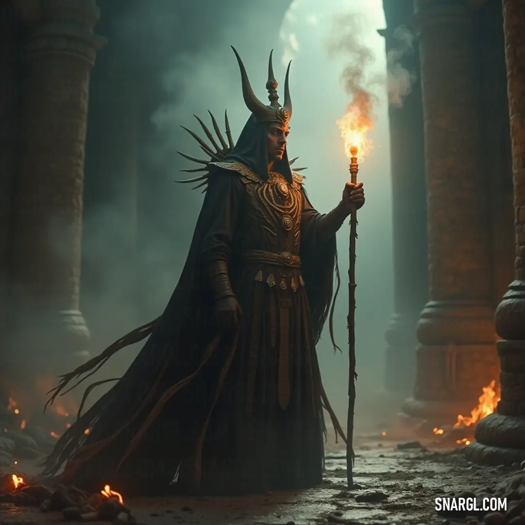 The Shadow King holding a torch, illuminating a dark chamber in an atmosphere of intrigue. The Shadow King, cloaked in regal attire, wields a flickering torch, casting eerie shadows on ancient walls, as flames dance ominously, creating a haunting yet captivating atmosphere of mystery and majesty.