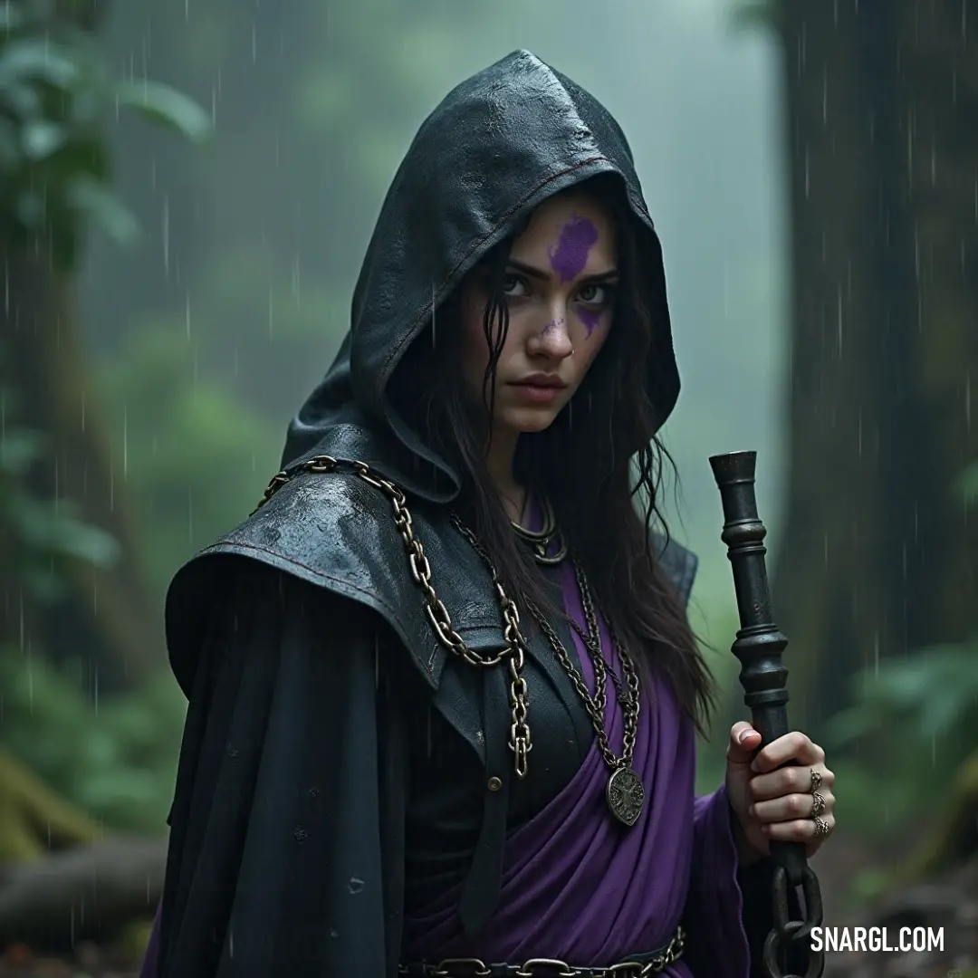 With sword in hand, the Shadow King stands unwavering in the driving rain of a lush forest, surrounded by the vibrant colors of autumn leaves, embodying a spirit of resilience and valor. The enigmatic Shadow King, dressed regally in dark attire, stands resolute in the rain-soaked forest, sword drawn against the backdrop of towering trees and fallen leaves, exuding strength and defiance in the face of nature's fury.